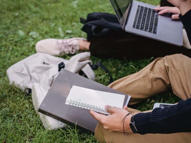 crop unrecognizable students studying together on grassy meadow